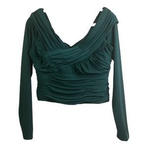 Self-Portrait Blouse Womens 10 Green Gathered Top Long Sleeves V-Neck Back Zip